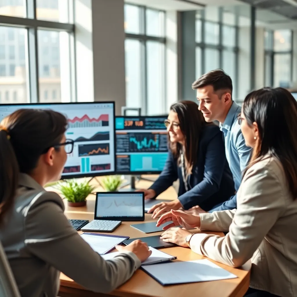 Профессиональные финансисты изучают аналитические данные в современном офисе