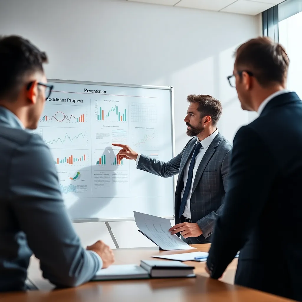 Преподаватель объясняет финансовые модели группе специалистов в аудитории