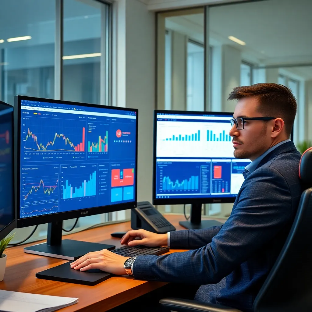 Финансовый аналитик работает с отчетами и графиками на современном компьютере